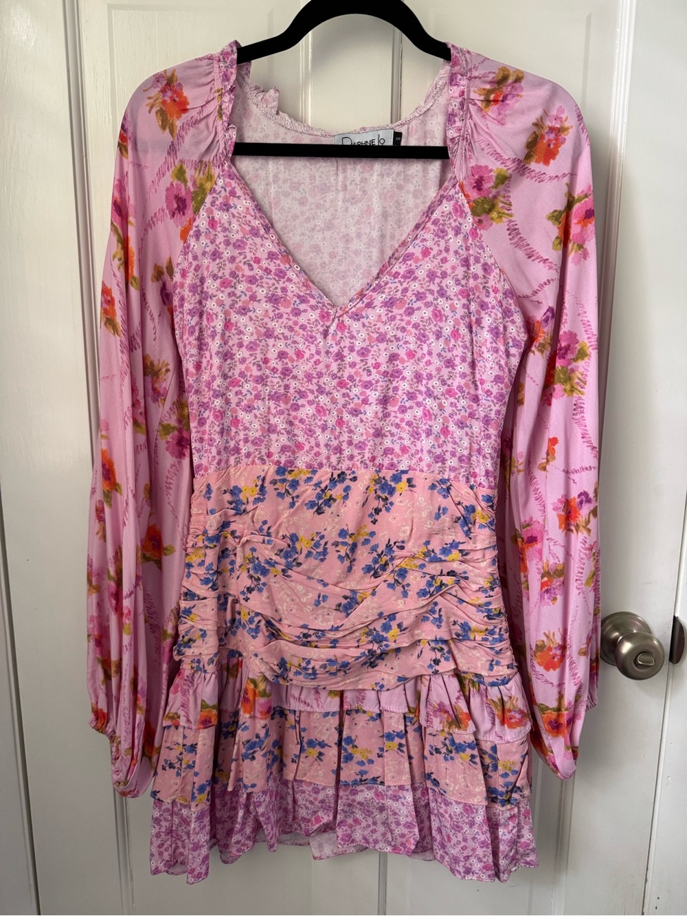 Pink Mixed-Print Long Sleeve Tiered Dress